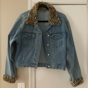 Leopard trim denim jacket